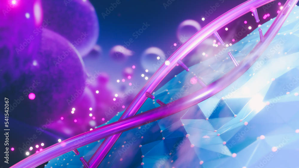 Poster dna helix mutations under microscope. genome decoding, chemical processes virtual modeling, 3d rende