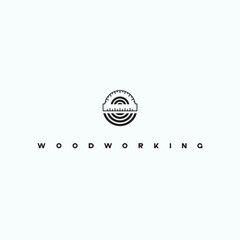 illustration consisting of an image of a piece of wood and a protractor with the inscription "woodworking" as a symbol or logo