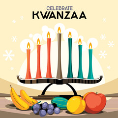 Kwanzaa holiday concept with decorate seven candles and fruit