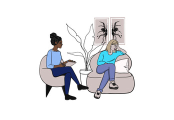 Psychotherapy session - woman talking to african american psychologist. Mental health vector illustration in flat style. Psycological picture. Trendy psychologist design banners, advertisment. - obrazy, fototapety, plakaty