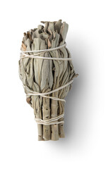 traditional white sage smudge stick for meditation and spiritual room cleansing - isolated design element, flat lay / top view, subtle shadow - 541543823