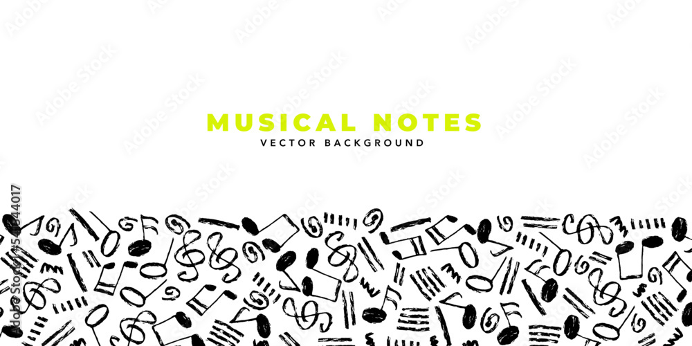 Poster musical notes vector background. horizontal template with one color black hand-drawn musical element