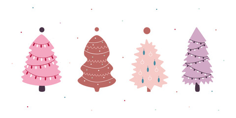 Christmas tree set, pink colors, cute design, simple, minimalism, flat illustration