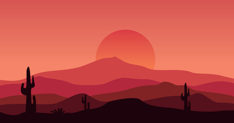 Obraz premium cactus mountain expanse background in red twilight