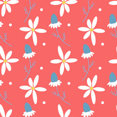 White blue daisy flower seamless vector pattern. Floral pattern with small white flowers on coral red background. Repeating texture for fashion prints. Chamomile print. Trendy floral pattern