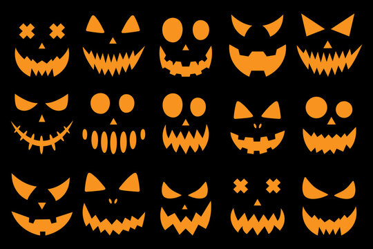 Big vector collection halloween pumpkin faces isolated on black background. Halloween decoration design. Vector