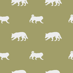 Seamless pattern. Endless texture. Walking white swiss shepherd dog puppy and mops puppy. Dog silhouette. Design for wallpaper, wrapping paper, fabric, decor, surface design. Vector illustration.