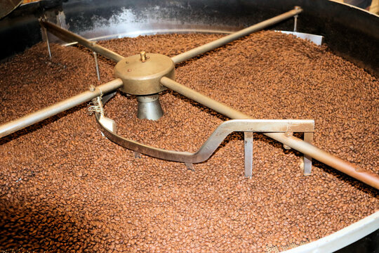 Coffee Factory, Roasting Coffee In A Machine In A Factory