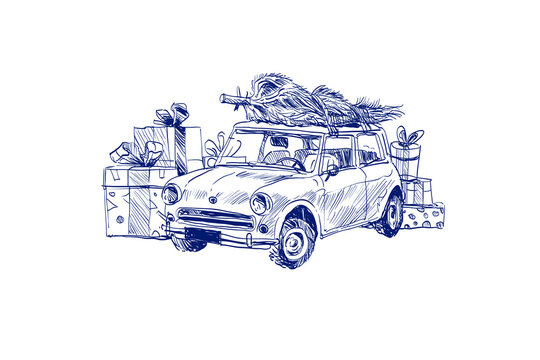 Vintage illustrations of retro car carries the Christmas tree and gifts. Happy New Year and Merry Christmas greeting card. Festive banner photo zone. Hand drawn vector art. 