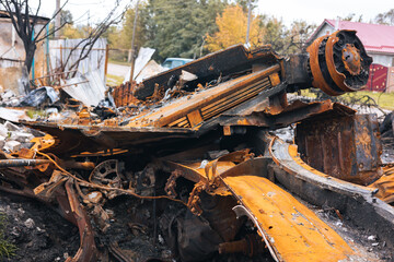 Fototapeta premium War in Ukraine, destroyed tank, ammunition detonation, tank remnants