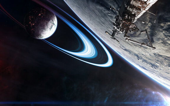 Deep space planets, orbiting space station. Science fiction. Elements of this image furnished by NASA