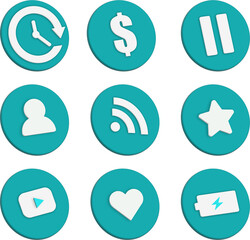 Set of icons on 3D buttons for web. Rotating time arrow, dollar sign, pause sign, user profile or account, Wifi wireless internet signal, star, play button, heart, charging battery. 
