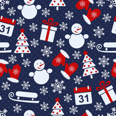 New Year pattern. Seamless vector illustration with snowmen, Christmas trees, mittens, calendars, sled and snowflakes - 541548635
