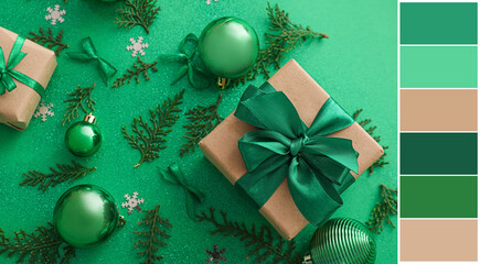 Composition with Christmas gifts and decorations on green background. Different color patterns