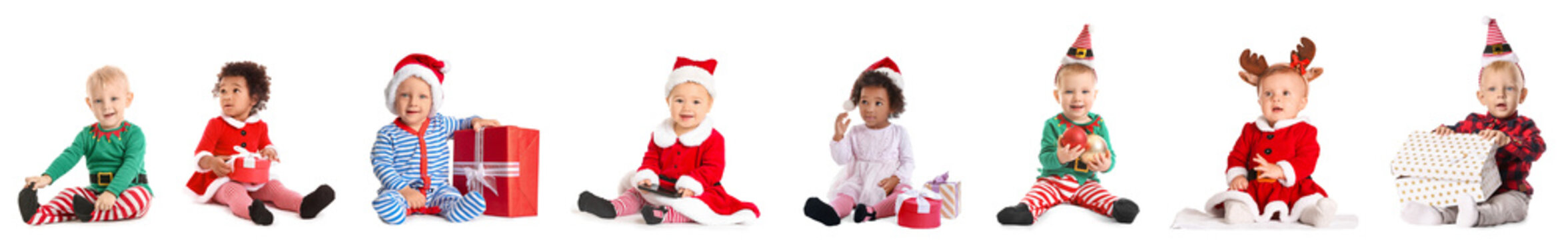 Collage of cute babies in Christmas costumes, with gifts and balls on white background