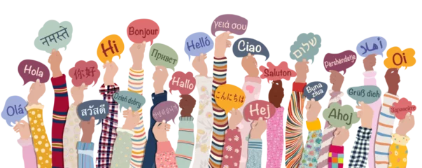 Foto op Plexiglas Many hands raised of diverse and multicultural children and teens holding speech bubbles with text -hallo- in various international languages. Diversity kids. Racial equality. Friendship  © melita