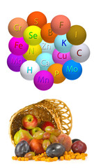 fruits and trace elements in the form of balls with the designation of a trace element on a white background. 3D-rendering