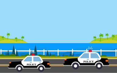 Police services on the highway near the sea for banner webpage landscape background. vector illustration. © Heena_Rajput