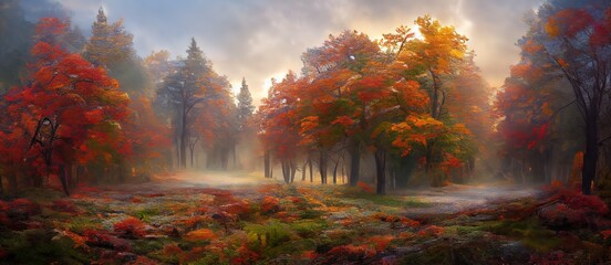 Magical autumn woods with thick fog fall colours generative ai	