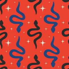 Vector seamless pattern with snake and stars. Mystical esoteric background for fabric design, packaging, phone case, wrapping paper