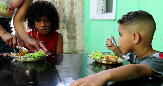 Brazilian Kids Eating Lunch. Hispanic Children Lunch Time