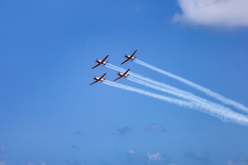 Modern airplanes flying in blue sky