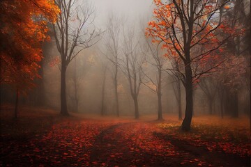 Magical autumn woods with thick fog fall colours generative ai	