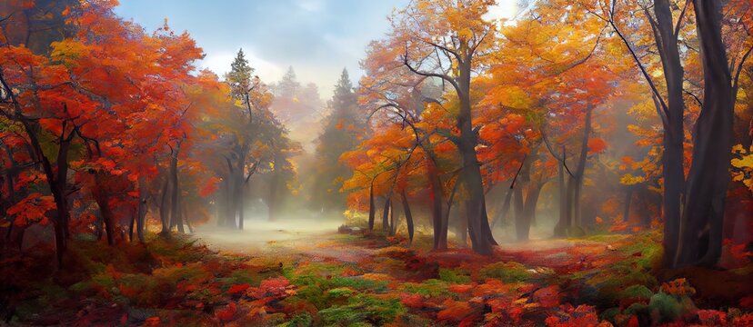 Magical autumn woods with thick fog fall colours Generative AI
