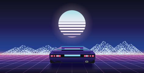 80s retrowave background, 3d vector illustration. Retro video racing game concept. Futuristic car drive through neon abstract cyberspace with perspective grid - obrazy, fototapety, plakaty
