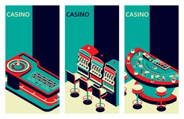 Set of casino banners. Roulette table, slot machine and black jack. Vector illustration