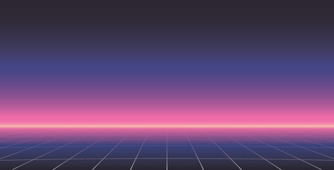An abstract vector illustration of a retro-futuristic landscape featuring a glowing grid extending into a gradient sky with a neon horizon. Retrowave, vector background. Cyberpunk perspective grid.
