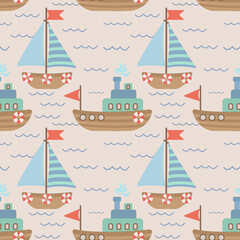 Seamless vector pattern with hand-drawn sailing yachts, ships and the sea wave. Summer bright background for fabric design. Vector illustration.