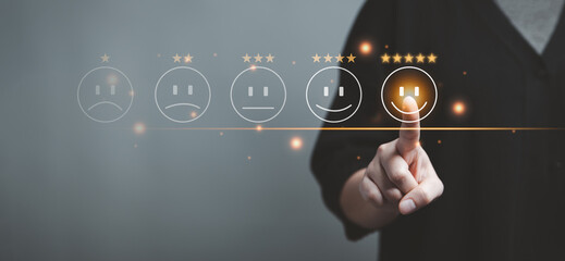 Customer service evaluation concept. woman pressing smile face emoticon on virtual touch screen. quality review, feedback survey, best rating positive five star, marketing research, satisfaction user.