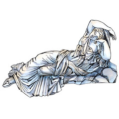 Hand drawn sketch markers illustration of Roman statue of Sleeping Ariadne. 