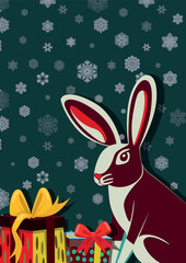 Cute Christmas background with bunny and gifts. Vector illustration
