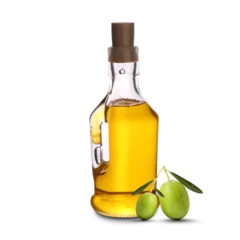 Fototapeten Bottiglia di olio di oliva e olive verdi © mickyso