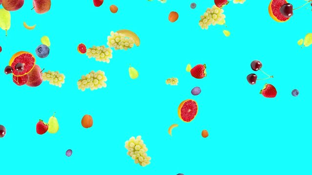 Isolated colorful fresh fruits fall slowly. Overlay with solid color background.