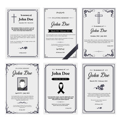 Condolence obituary card layout. In loving memory of, funerals invitation cover with black ribbon corner and grief sheet vector set - obrazy, fototapety, plakaty