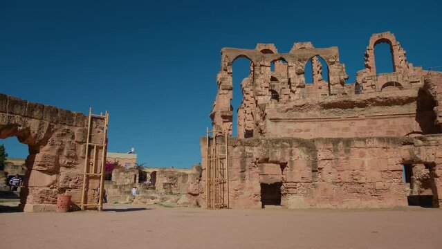 Ancient unfinished amphitheater Gordian in El Jem city, Tunisia view inside. Ruins from roman time. Historical buildings concept.