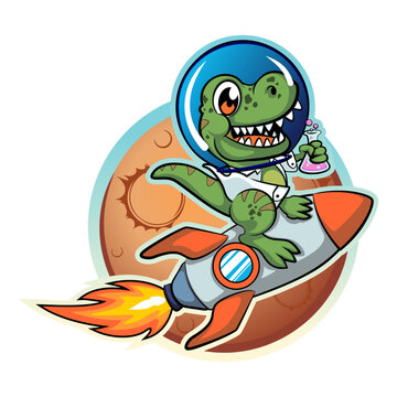 vector illustration of dinosaur mascot character sticker holding a glass of chemical experiment liquid riding a rocket into space