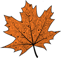 Vector illustration of a maple leaf. Autumn leaf with an ornament.An idea for a logo, fashion illustrations, magazines, printing on clothes, advertising, coloring books, tattoo sketch or mehendi.