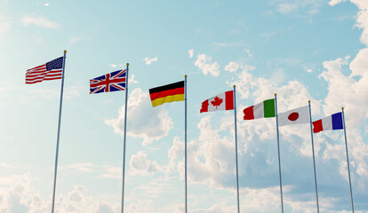 G7 flags of countries of Group of Seven Canada, Germany, Italy, France, Japan, USA states, United...
