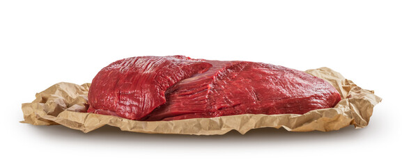 Fresh raw beef meat piece on craft paper. Isolated on transparent  background with soft shadow, png