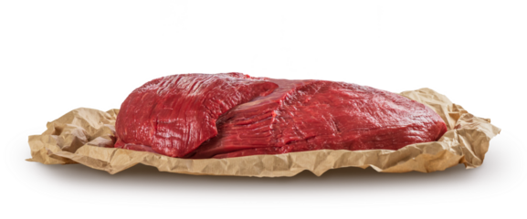 Fresh raw beef meat piece on craft paper. Isolated on transparent  background with soft shadow, png