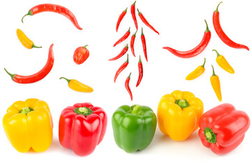 Sweet peppers setand chili pepper isolated on white. Collage.