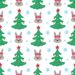 Christmas bunny seamless pattern. Christmas tree and rabbit. Vector Illustration for backgrounds, covers and packaging. Image can be used for greeting cards and textile. Isolated on white background.