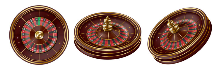Roulette wheels. Casino entertainment 3d spin wheel, gambling equipment and fortune game vector Illustration set