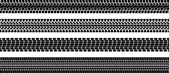 Tire tread print or car track set isolated on white background. Footprint of bike or vehicle wheels with seamless texture. Top view of rubber protector marks on asphalt. Vector brush.
