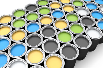 Set of open metal can or buckets of paint in row pattern on white background.