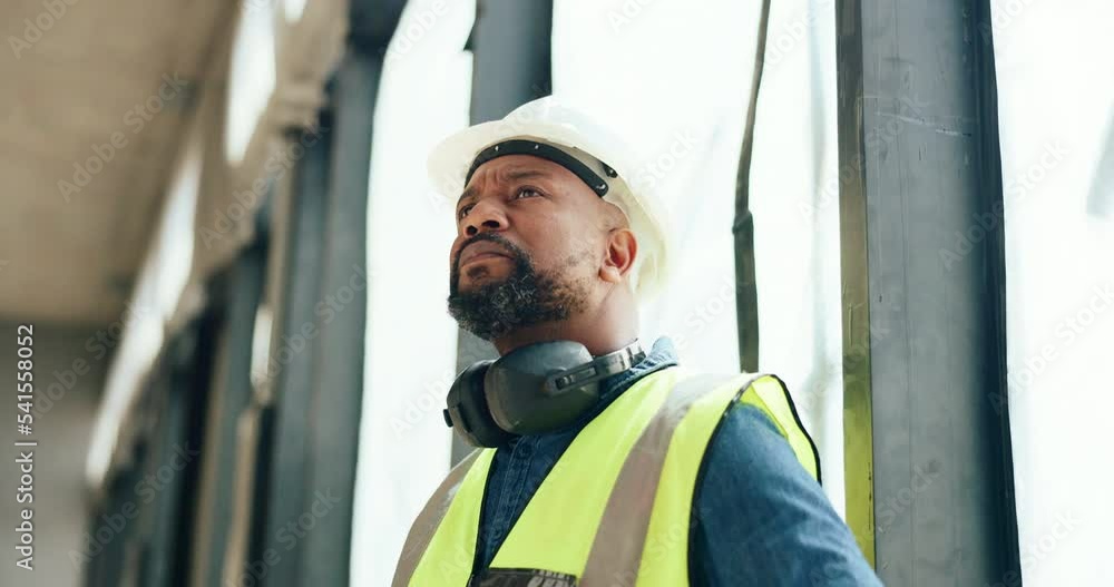 Poster Architecture, thinking and construction site manager building a development property project and safety inspection. Engineering, management and African contractor monitoring or checking progress